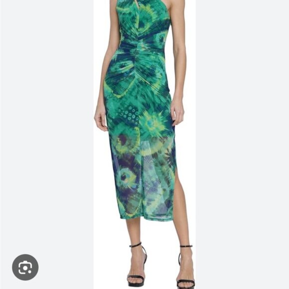 Donna Morgan Green Blue Asymmetrical Ruched Sheath Dress - Picture 2 of 6